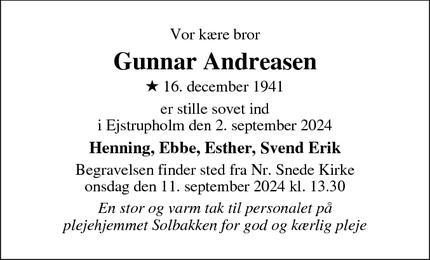 Dødsannoncen for Gunnar Andreasen - Ejstrupholm