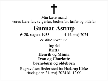 Dødsannoncen for Gunnar Astrup - Haderup
