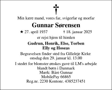 Dødsannoncen for Gunnar Sørensen - Gilleleje