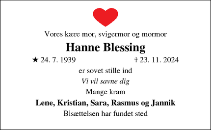 Dødsannoncen for Hanne Blessing - Albertslund