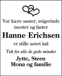 Dødsannoncen for Hanne Erichsen - Esbjerg