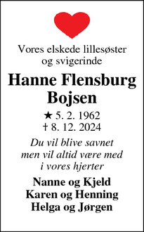 Dødsannoncen for Hanne Flensburg Bojsen - Holstebro