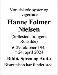 Dødsannoncen for Hanne Folmer Nielsen - Søllested