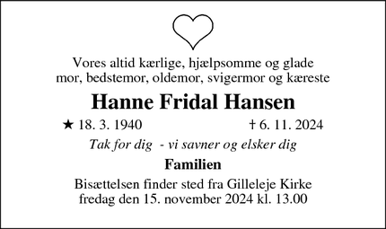 Dødsannoncen for Hanne Fridal Hansen - Gilleleje