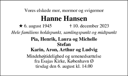 Dødsannoncen for Hanne Hansen - Svendborg