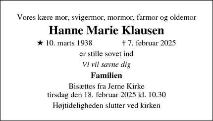 Dødsannoncen for Hanne Marie Klausen - Esbjerg N