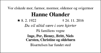 Dødsannoncen for Hanne Olander - Roskilde