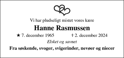 Dødsannoncen for Hanne Rasmussen - Silkeborg