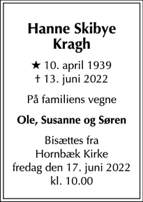 Dødsannoncen for Hanne Skibye Kragh - København Ø