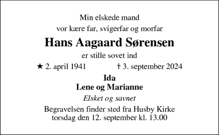 Dødsannoncen for Hans Aagaard Sørensen - Husby