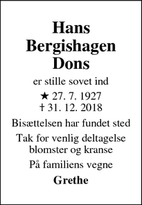 Dødsannoncen for Hans Bergishagen Dons  - Slagelse