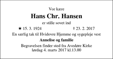 Dødsannoncen for Hans Chr. Hansen - Hvidovre