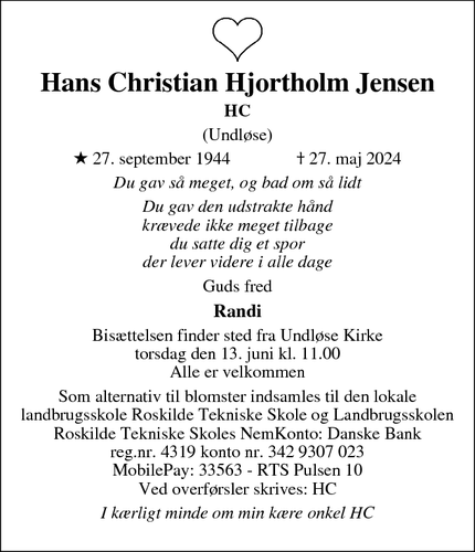 Dødsannoncen for Hans Christian Hjortholm Jensen - Undløse 