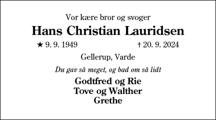 Dødsannoncen for Hans Christian Lauridsen - Varde