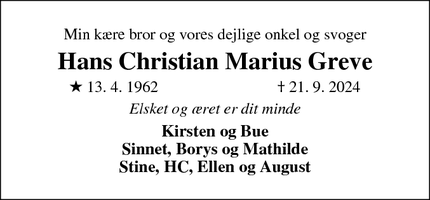 Dødsannoncen for Hans Christian Marius Greve - Middelfart