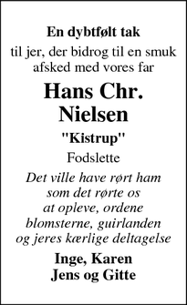 Taksigelsen for Hans Chr.
Nielsen - Fodslette, 5932 Humble