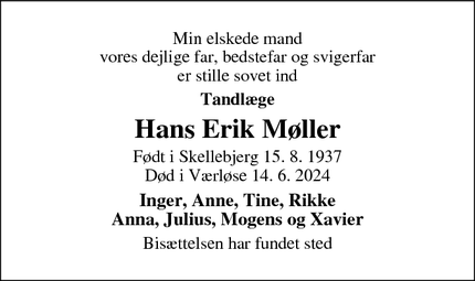 Dødsannoncen for Hans Erik Møller - Værløse