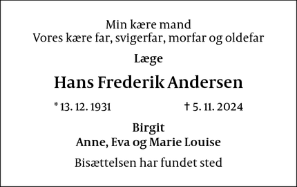 Dødsannoncen for Hans Frederik Andersen - København NV