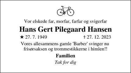 Dødsannoncen for Hans Gert Pilegaard Hansen - Rønnede