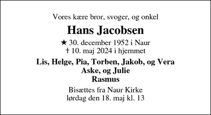 Dødsannoncen for Hans Jacobsen - Holstebro