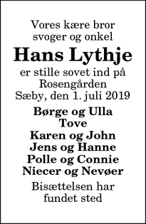 Dødsannoncen for Hans Lythje - Sæby