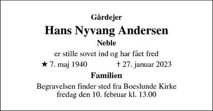 Dødsannoncen for Hans Nyvang Andersen - Boeslunde