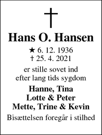 Dødsannoncen for Hans O. Hansen - Roskilde