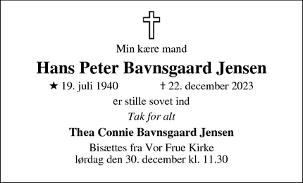 Dødsannoncen for Hans Peter Bavnsgaard Jensen - SKIVE