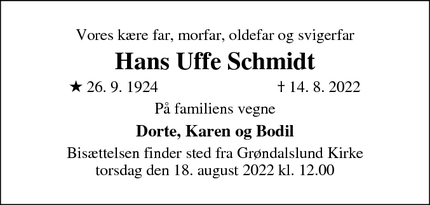 Dødsannoncen for Hans Uffe Schmidt - Rødovre