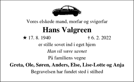 Dødsannoncen for Hans Valgreen - Vejle