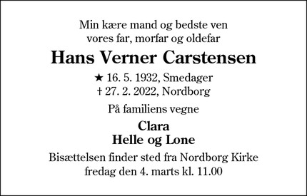 Dødsannoncen for Hans Verner Carstensen - Nordborg