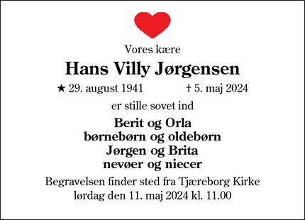 Dødsannoncen for Hans Villy Jørgensen - Bramming