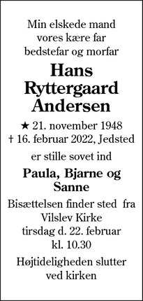 Dødsannoncen for Hans
Ryttergaard
Andersen - Ribe