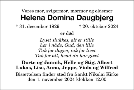 Dødsannoncen for Helena Domina Daugbjerg - Nakskov