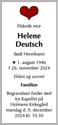 Dødsannoncen for Helene
Deutsch - København