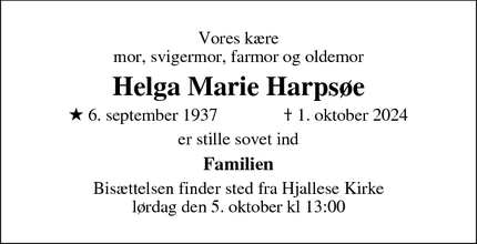 Dødsannoncen for Helga Marie Harpsøe - Odense