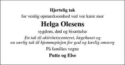 Taksigelsen for Helga Olesens - Hvide Sande