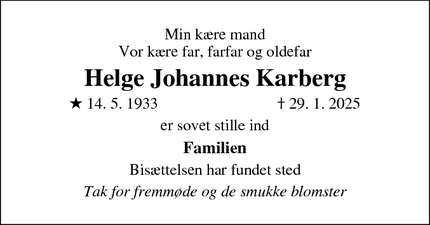 Dødsannoncen for Helge Johannes Karberg - Herlufmagle