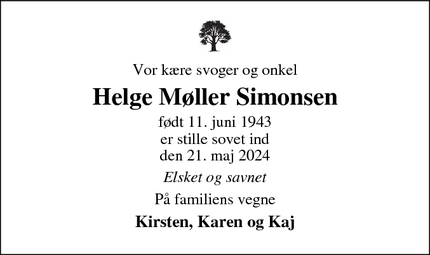 Dødsannoncen for Helge Møller Simonsen - Rødekro