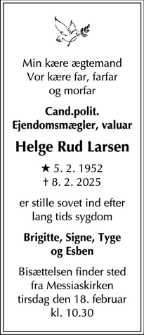 Dødsannoncen for Helge Rud Larsen - Charlottenlund