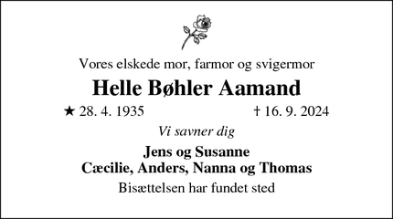 Dødsannoncen for Helle Bøhler Aamand - Virum