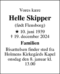 Dødsannoncen for Helle Skipper - Frederiksberg c