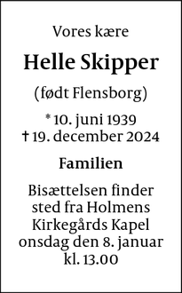 Dødsannoncen for Helle Skipper - Frederiksberg c