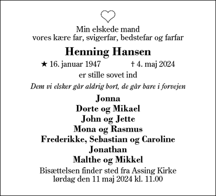 Dødsannoncen for Henning Hansen - Kibæk