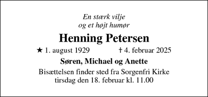 Dødsannoncen for Henning Petersen - Sorgenfri  Virum