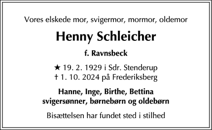 Dødsannoncen for Henny Schleicher - Frederiksberg