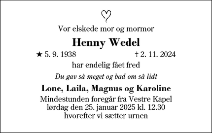 Dødsannoncen for Henny Wedel - Kangerlussuaq