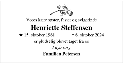 Dødsannoncen for Henriette Steffensen - Viborg