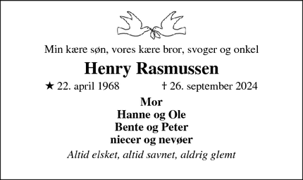 Dødsannoncen for Henry Rasmussen - Koldby 