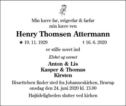 Dødsannoncen for Henry Thomsen Attermann - Brørup